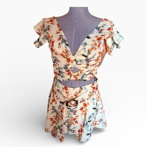 NWT Chicways Floral Print Wrap Top and Skirt Set Butterfly Sleeve Belted Size L
